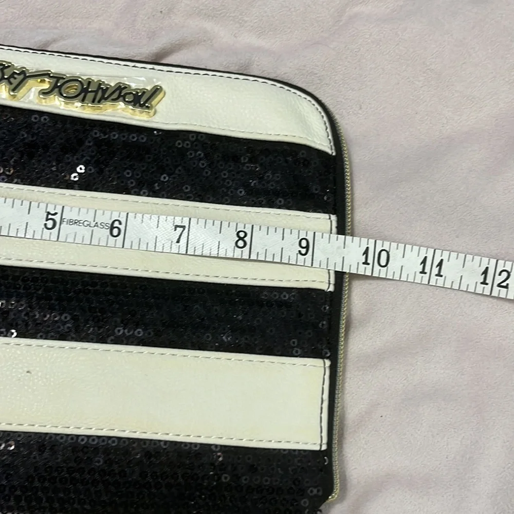 Betsy Johnson black and white striped sequined purse pink strap NWOT